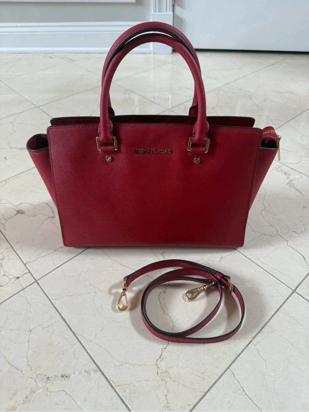 Michael Kors Red Saffiano Satchel with Removable Strap